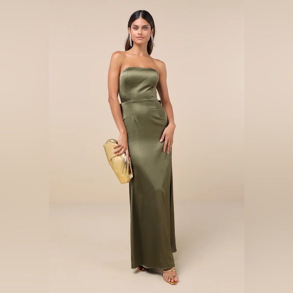 Lulus Absolutely Poised Olive Green Satin Strapless Bow Maxi Dress